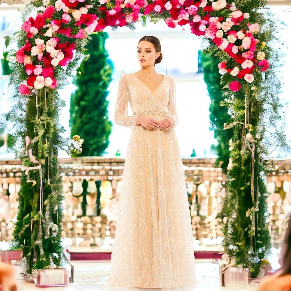 MAC DUGGAL 67859 dress maxi tan nude plus size 16 sequin wedding formal long NWT - Picture 2 of 15